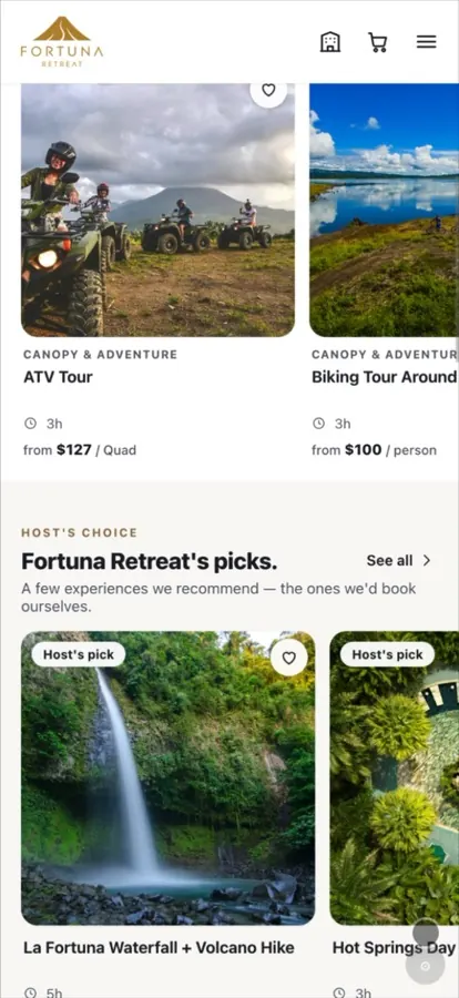 Página de tours de Fortuna Retreat en un teléfono